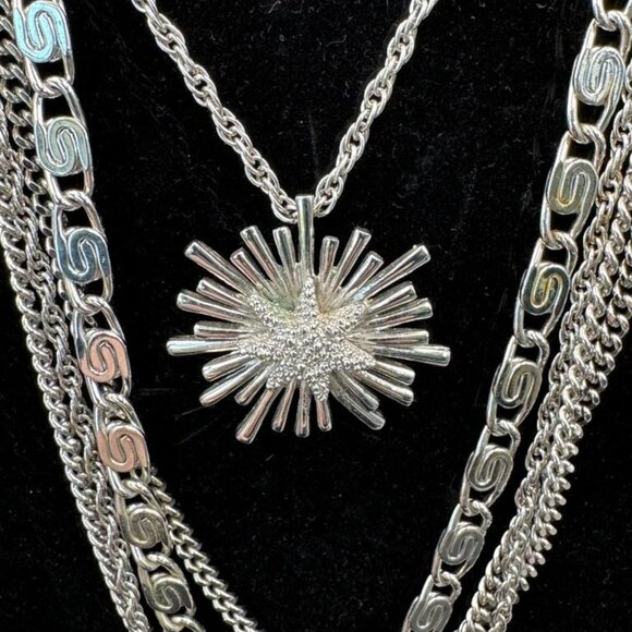 Monet Multistrand Silver-Tone Chain Necklace Starburst Pendant - Picture 1 of 6